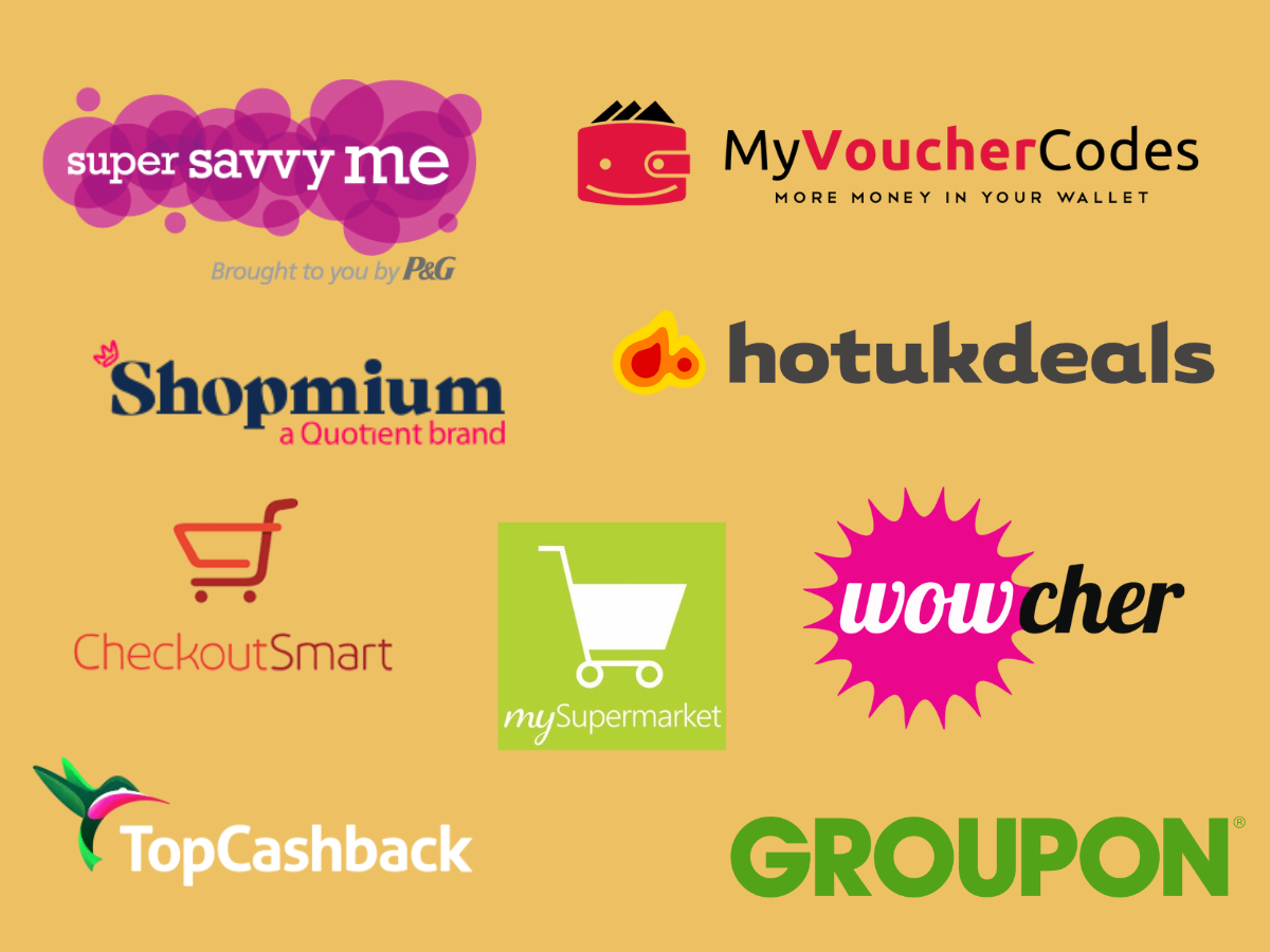 A collection of the logos of the websites mentioned in the article including, myvouchercodes, groupon, hotukdeals, wowcher, supersavvyme, mysupermarket, topcashback, shopmium and checkoutsmart.